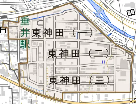 東神田とその周辺の地図。町の範囲を重ねている