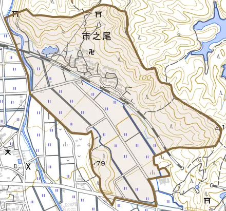 市之尾とその周辺の地図。町の範囲を重ねている