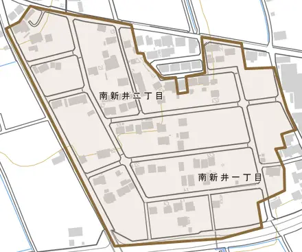 南新井とその周辺の地図。町の範囲を重ねている