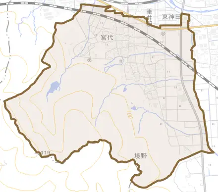 宮代とその周辺の地図。町の範囲を重ねている
