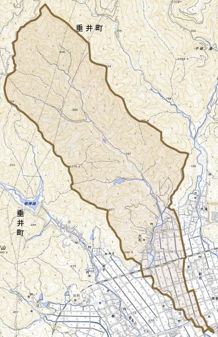 大石とその周辺の地図。町の範囲を重ねている