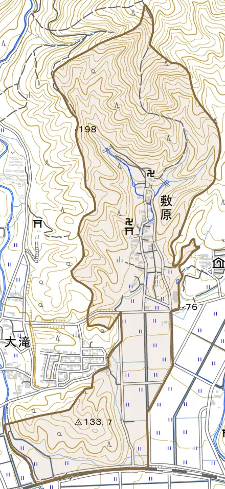 敷原とその周辺の地図。町の範囲を重ねている