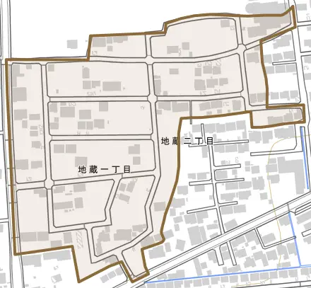 地蔵とその周辺の地図。町の範囲を重ねている