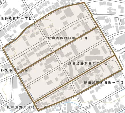 肥田浅野朝日町とその周辺の地図。町の範囲を重ねている