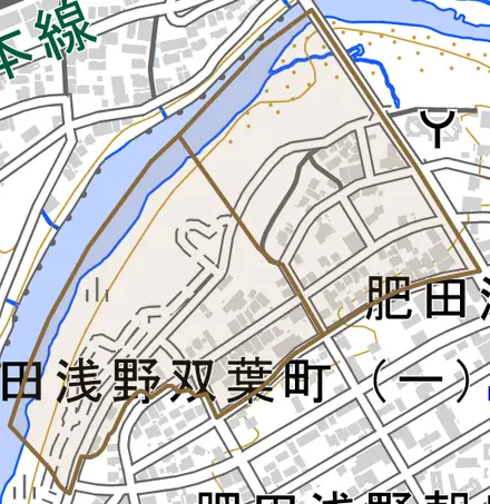 肥田浅野双葉町とその周辺の地図。町の範囲を重ねている