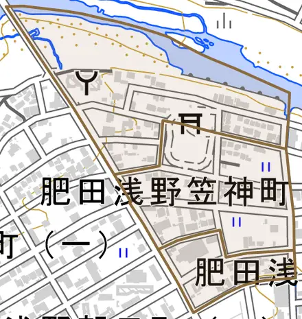 肥田浅野笠神町とその周辺の地図。町の範囲を重ねている