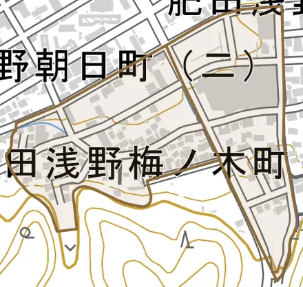 肥田浅野梅ノ木町とその周辺の地図。町の範囲を重ねている