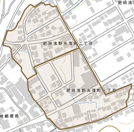 肥田浅野矢落町とその周辺の地図。町の範囲を重ねている