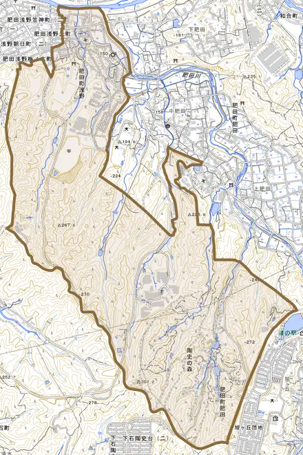 肥田町浅野とその周辺の地図。町の範囲を重ねている