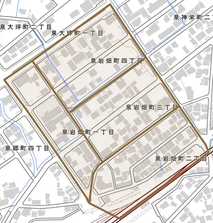 泉岩畑町とその周辺の地図。町の範囲を重ねている