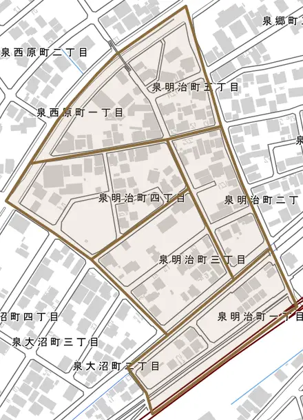 泉明治町とその周辺の地図。町の範囲を重ねている