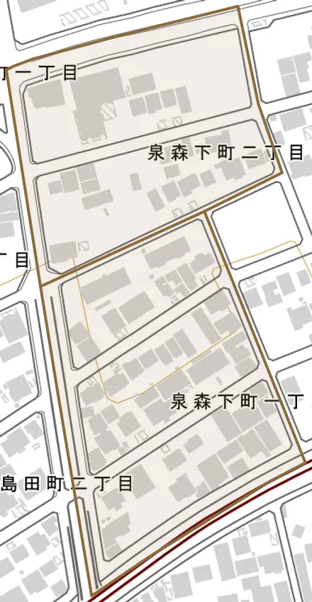泉森下町とその周辺の地図。町の範囲を重ねている