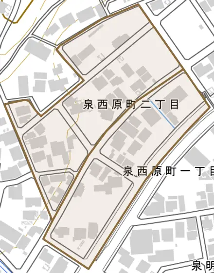 泉西原町とその周辺の地図。町の範囲を重ねている