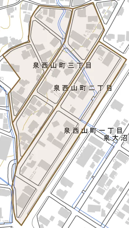 泉西山町とその周辺の地図。町の範囲を重ねている