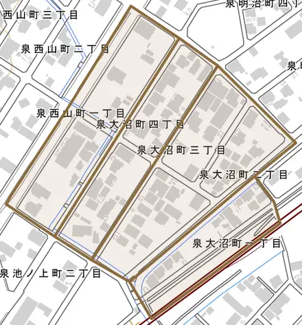 泉大沼町とその周辺の地図。町の範囲を重ねている