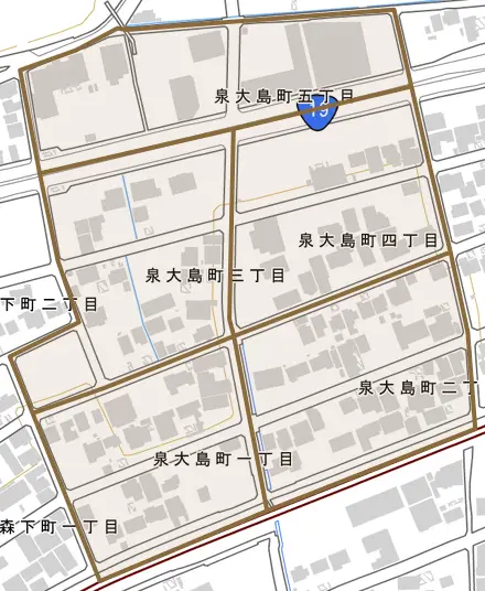 泉大島町とその周辺の地図。町の範囲を重ねている