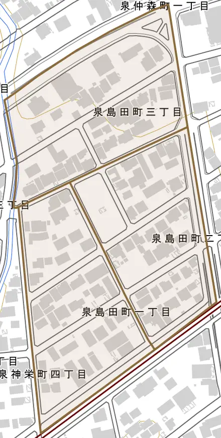 泉島田町とその周辺の地図。町の範囲を重ねている