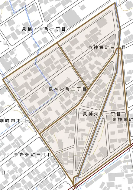 泉神栄町とその周辺の地図。町の範囲を重ねている