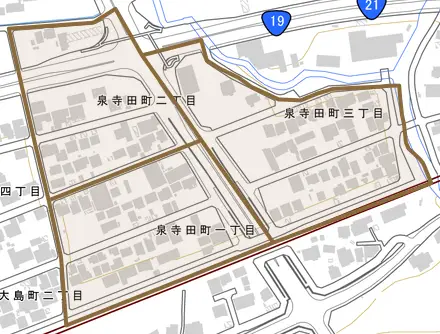 泉寺田町とその周辺の地図。町の範囲を重ねている