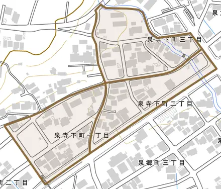 泉寺下町とその周辺の地図。町の範囲を重ねている