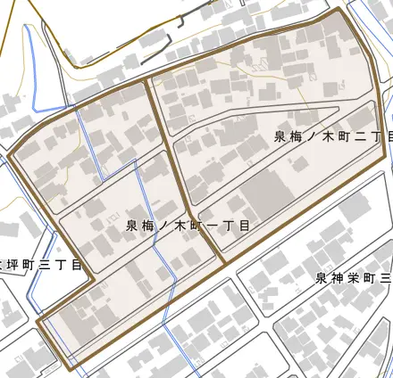 泉梅ノ木町とその周辺の地図。町の範囲を重ねている