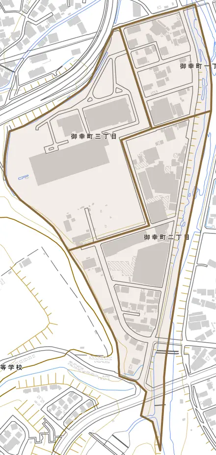 御幸町とその周辺の地図。町の範囲を重ねている