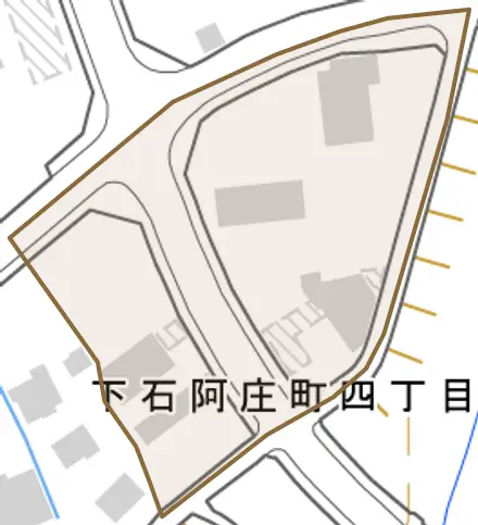 下石阿庄町とその周辺の地図。町の範囲を重ねている