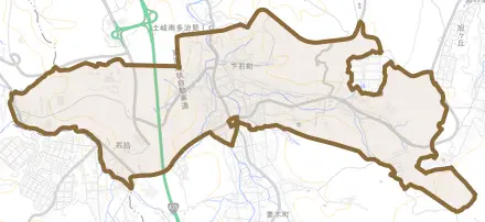 下石町とその周辺の地図。町の範囲を重ねている
