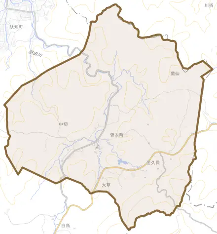 曽木町とその周辺の地図。町の範囲を重ねている