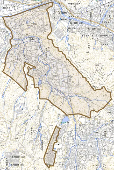 肥田町肥田とその周辺の地図。町の範囲を重ねている