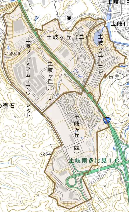 土岐ヶ丘とその周辺の地図。町の範囲を重ねている