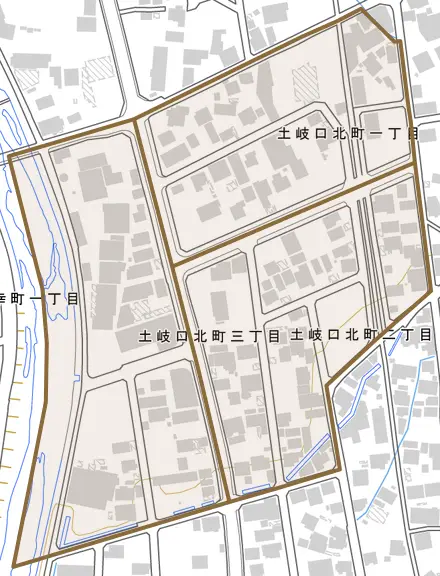 土岐口北町とその周辺の地図。町の範囲を重ねている