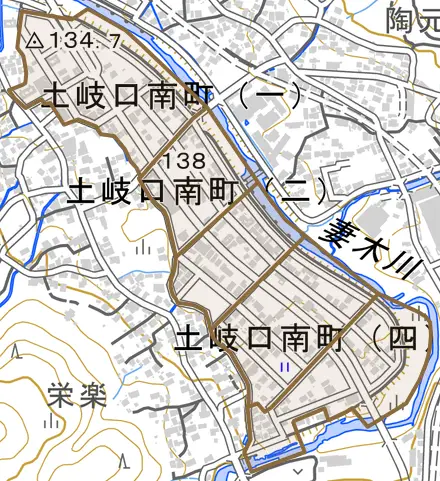 土岐口南町とその周辺の地図。町の範囲を重ねている