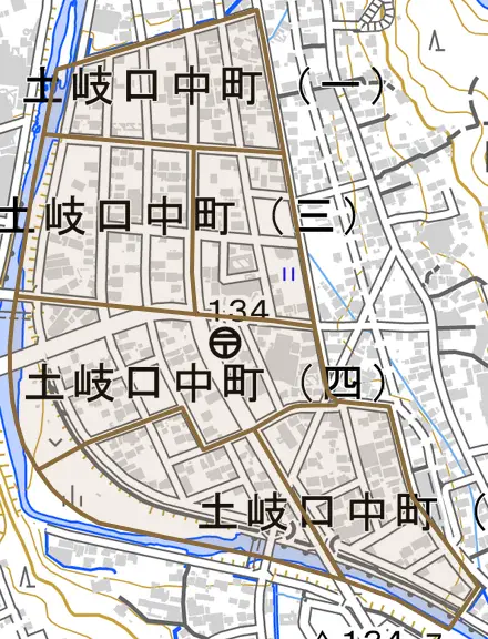 土岐口中町とその周辺の地図。町の範囲を重ねている