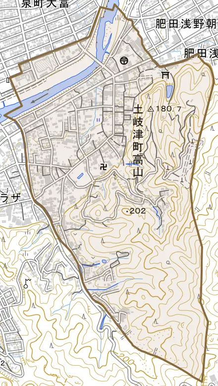 土岐津町高山とその周辺の地図。町の範囲を重ねている