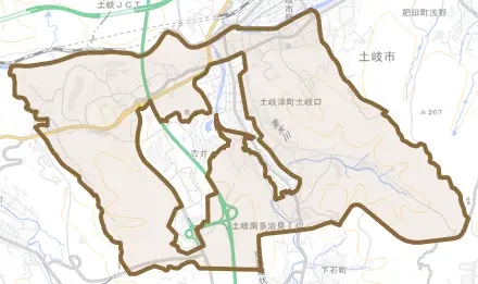 土岐津町土岐口とその周辺の地図。町の範囲を重ねている