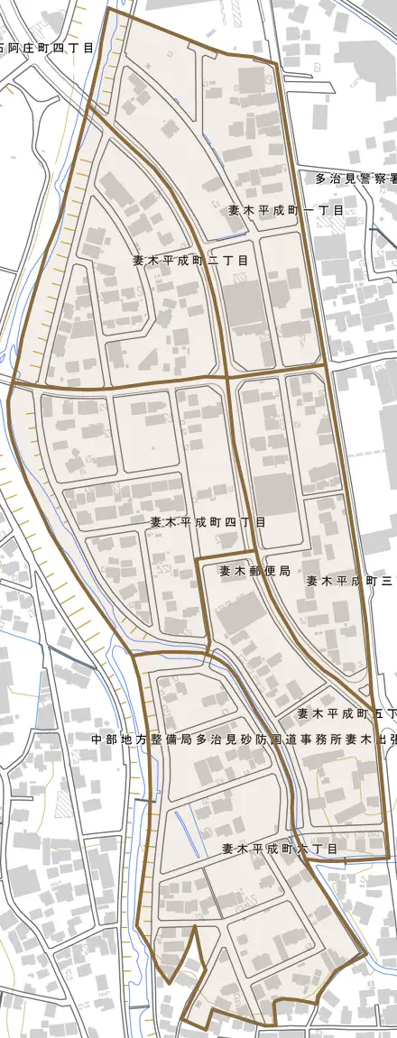妻木平成町とその周辺の地図。町の範囲を重ねている