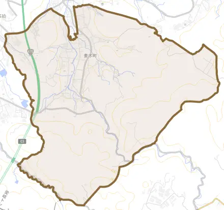 妻木町とその周辺の地図。町の範囲を重ねている