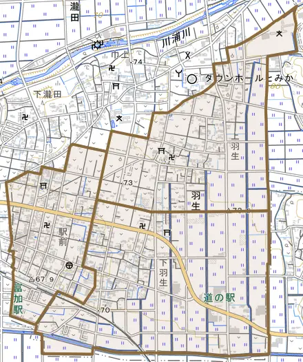 羽生とその周辺の地図。町の範囲を重ねている