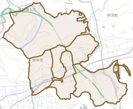 加治田とその周辺の地図。町の範囲を重ねている