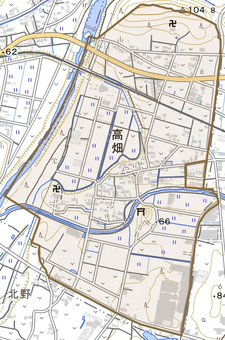 高畑とその周辺の地図。町の範囲を重ねている