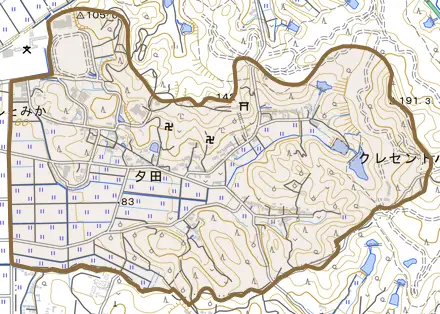 夕田とその周辺の地図。町の範囲を重ねている