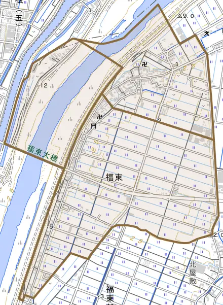 福束とその周辺の地図。町の範囲を重ねている