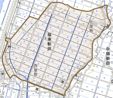 福束新田とその周辺の地図。町の範囲を重ねている