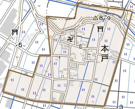 本戸とその周辺の地図。町の範囲を重ねている