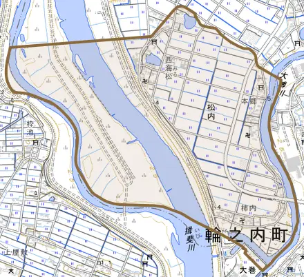 松内とその周辺の地図。町の範囲を重ねている