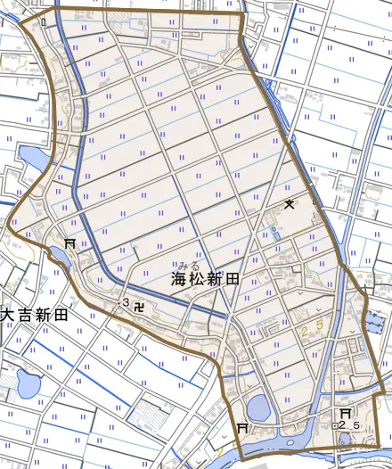 海松新田とその周辺の地図。町の範囲を重ねている