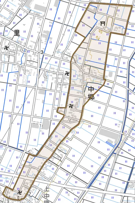 中郷とその周辺の地図。町の範囲を重ねている