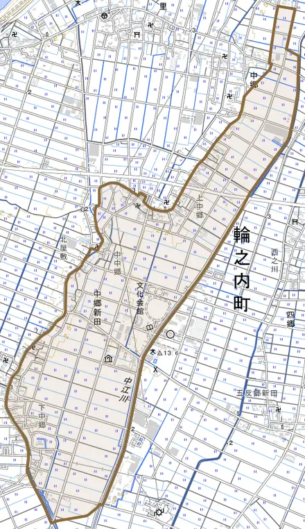 中郷新田とその周辺の地図。町の範囲を重ねている