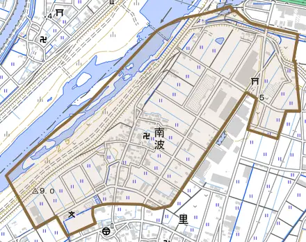 南波とその周辺の地図。町の範囲を重ねている